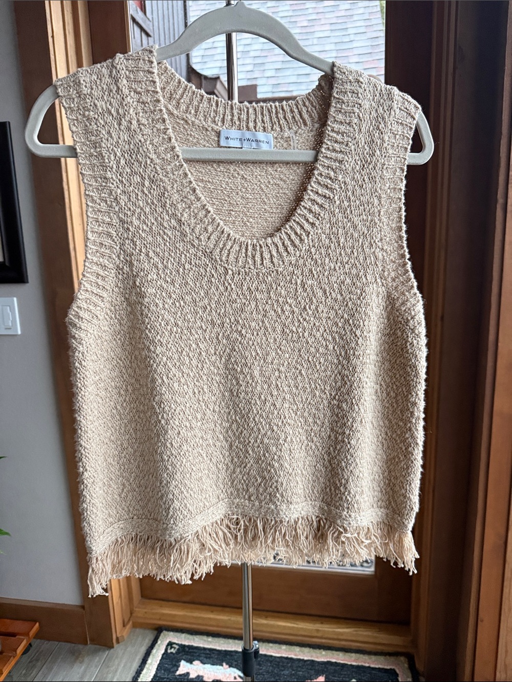 White + Warren Beige Fringe Knit Tank (Sz M)